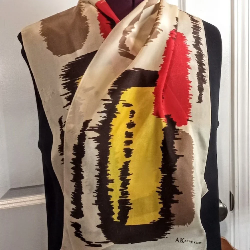 Anne Klein Tan Red Yellow Abstract Print Silk Oblong Scarf